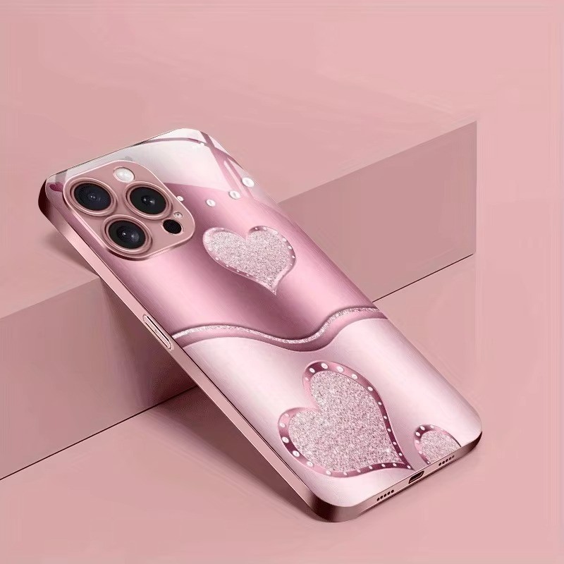 Ốp điện thoại cứng hình trái tim tình yêu dễ thương màu hồng bằng kim loại màu hồng cho iPhone 17 Air 17 16 15 14 13 12 11 Pro Max Plus 16E