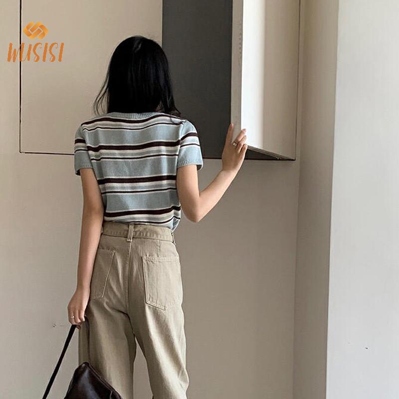 Áo thun cổ tròn sọc ngắn tay dáng rộng mới dành cho nữ