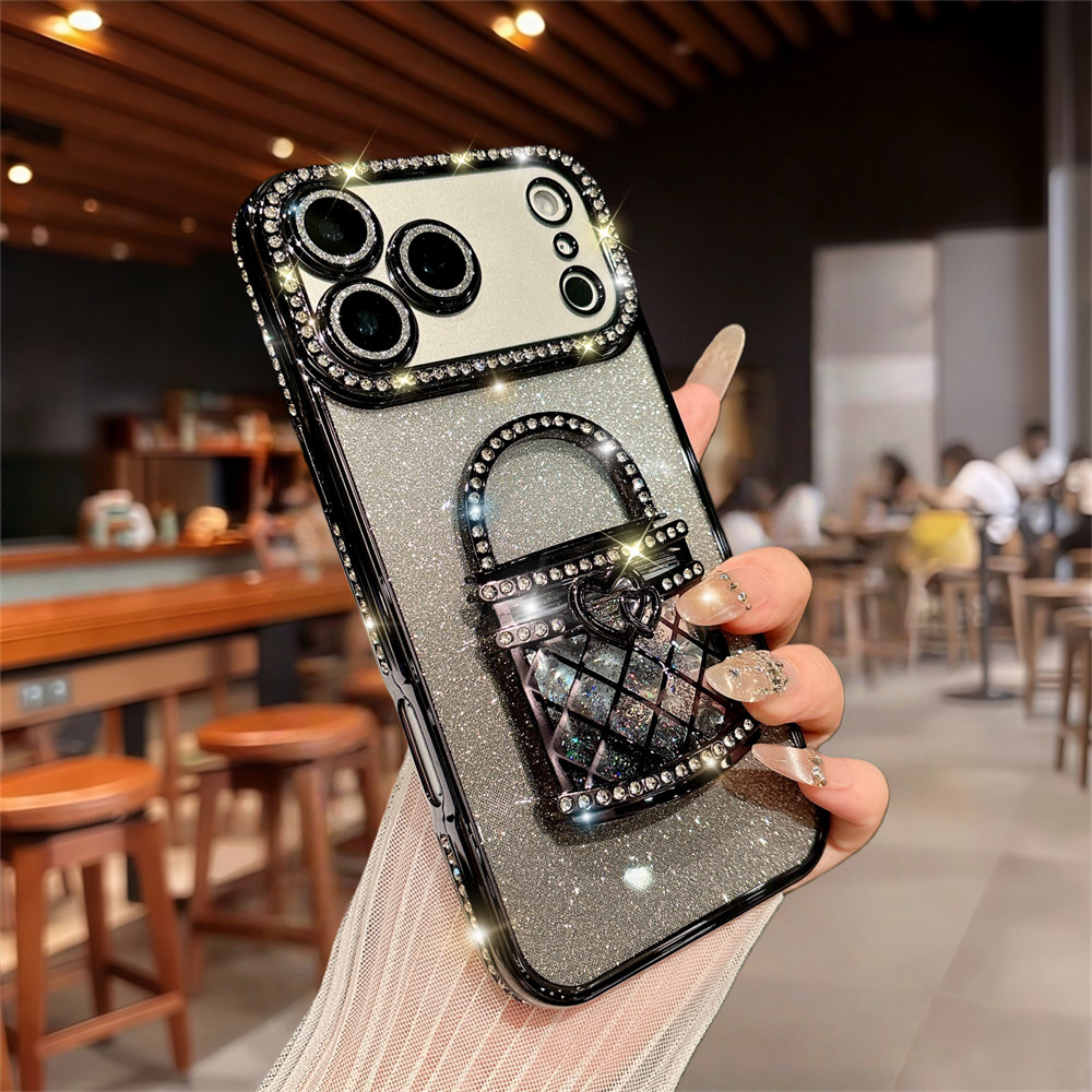Ốp điện thoại giá đỡ gương cát lấp lánh cho iPhone 17 Pro Max 16 11 12 13 14 15 Pro Max Ống kính Bảo vệ Camera Vỏ chống sốc Vỏ mềm TPU