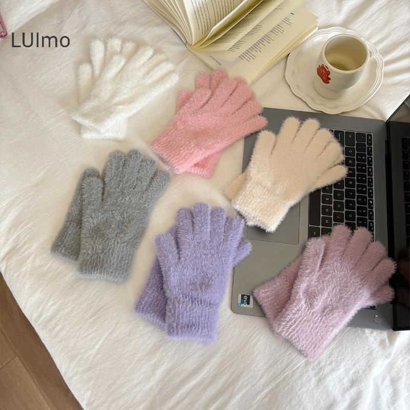 LUImo Giả Chồn Găng Tay Dệt Kim Mùa Đông Ấm Áp Dày Nhung Năm Ngón Găng Tay Nữ Ngoài Trời Đi Xe Đạp Màu Trơn Găng Tay SBS