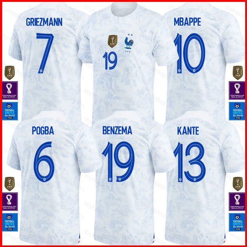Áo bóng đá ĐT Pháp sân khách World Cup 22-23, thể thao Tee với hình ảnh các cầu thủ như Mbappe và Griezmann