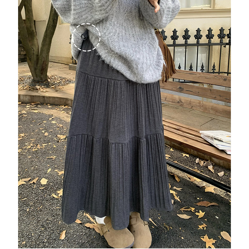 Váy bà bầu thời trang thu đông Váy chữ A xếp ly Cashmere dày
