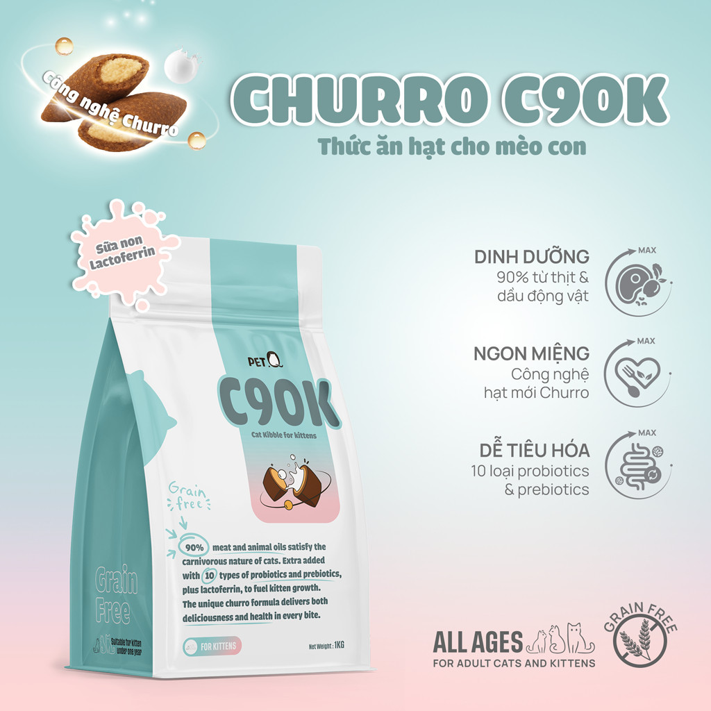 Hạt cho mèo PetQ, Hạt cho mèo có nhân Churro C90 90% từ thịt & dầu động vật, Dinh dưỡng, dễ tiêu hóa