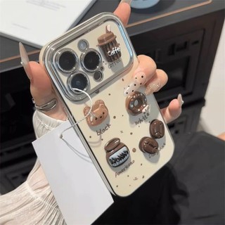 Vỏ Gấu Coffe 3D Hoạt Hình Dễ Thương + Dây Xích Cho IPhone 16 11 15 14 13 12 Pro Max X Xr Xs Max 6 6s 7 8 Plus SE 2020 Vỏ Điện Thoại Bảo Vệ Ống Kính Chống Sốc Mềm + Giá Đỡ Vỏ Đen