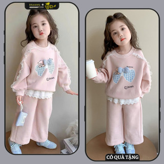 Bộ nỉ phối viền bèo cho bé gái 9-27kg. Bộ thu đông bé gái màu hồng pastel mẫu bộ nỉ BOWS . Đồ bộ dài tay bé gái. TD1