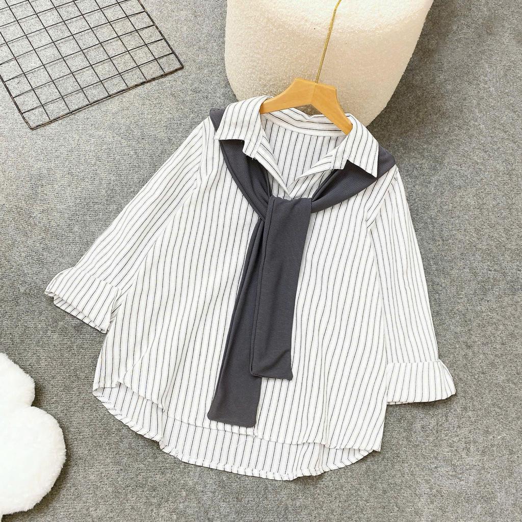 Áo sơ mi bigsize nữ Hàn Quốc kẻ sọc phối khăn thủy thủ – Dáng xinh che khuyết điểm cho nàng 50–93kg – A328+A195