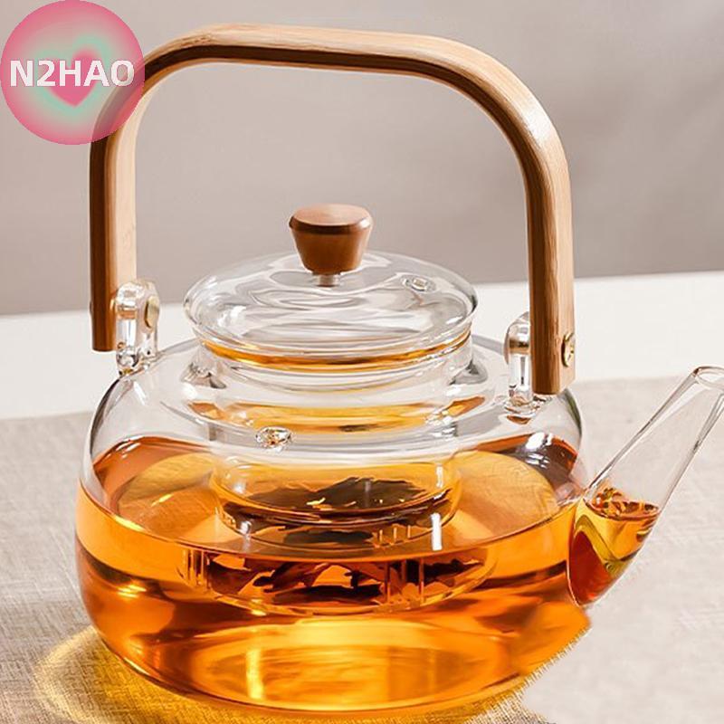 N2HAO Ấm trà thủy tinh sôi chịu nhiệt Tay cầm tre dày Bộ trà gia đình Tay cầm tre Ấm trà Nồi sức khỏe n