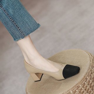Giày Cao Gót Nữ Mũi Vuông Dày Gót Slip-On Nông Miệng 34-41
