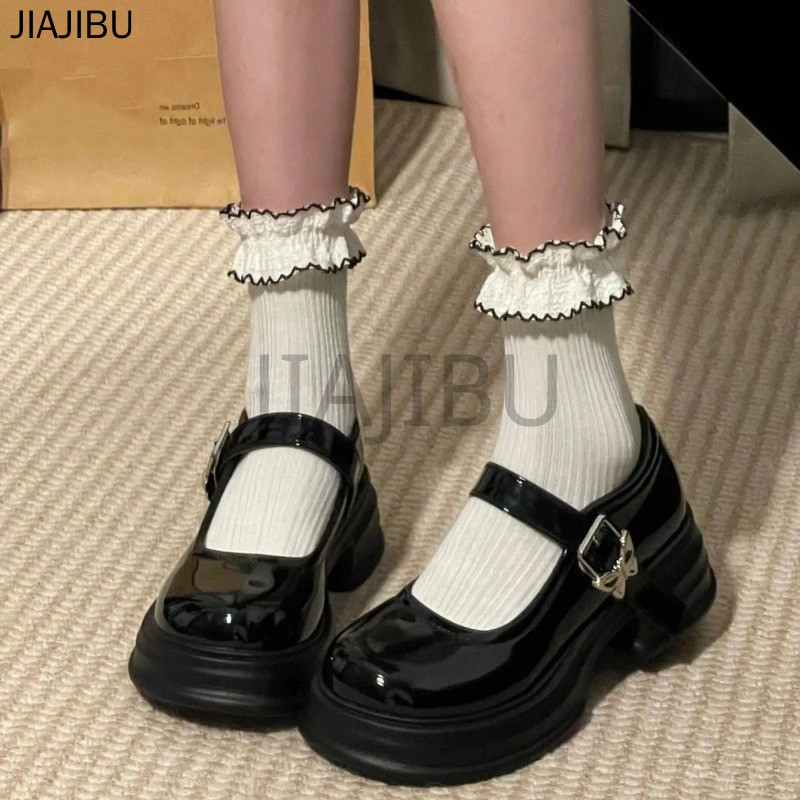 Giày Da Lolita Nhỏ Cổ Điển Đa Năng Phong Cách Học Sinh Nhật Bản Mũi Tròn Chống Trượt Gót Dày Màu Đen Có Nơ Dành Cho Nữ Korean Fashion Casual Patent Leather Mary Jane Shoes Giày Mũi To Cosplay Phong Cách Anh