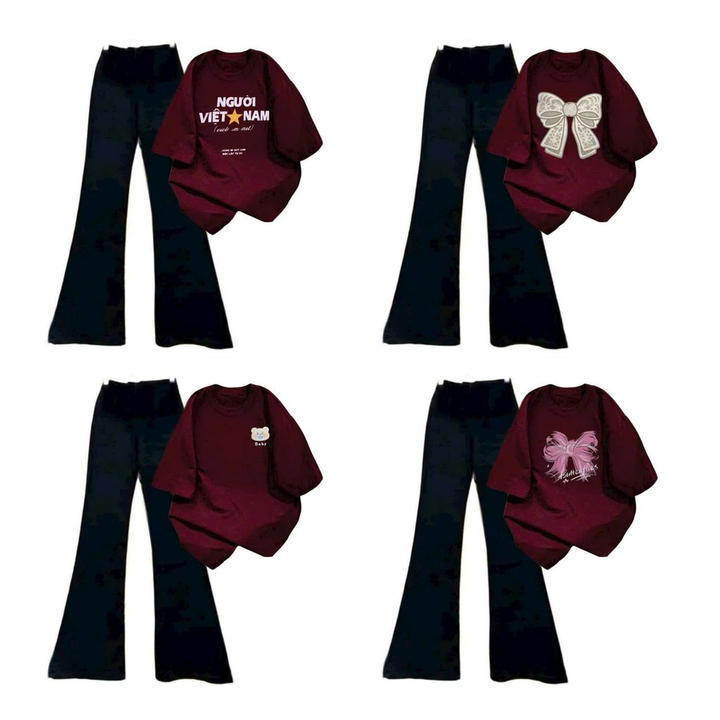 Bộ quần ống loe nữ và áo phông cotton tay ngắn đẹp, thời trang-phog3158