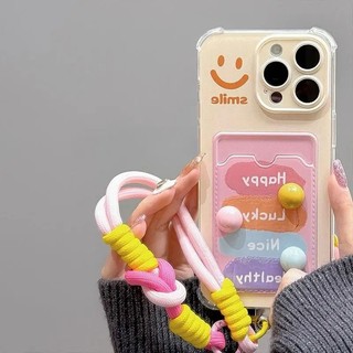 Ốp lưng bỏ túi thẻ nụ cười dễ thương 3D cho iPhone 13 14 Pro Max 12 Mini có dây đeo Vỏ silicon mềm