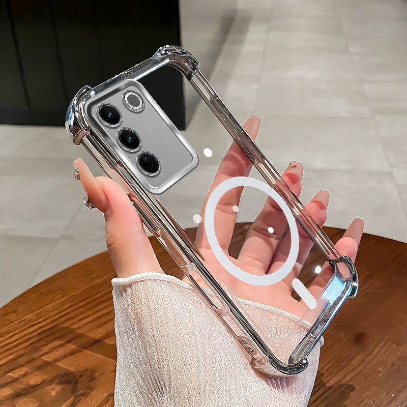 Ốp Lưng Cho Vivo V27 PRO V27E Từ Tính Không Dây Trong Suốt Bốn Góc Chống Sốc Bảo Vệ Ống Kính Vỏ Điện Thoại SJSFDDR