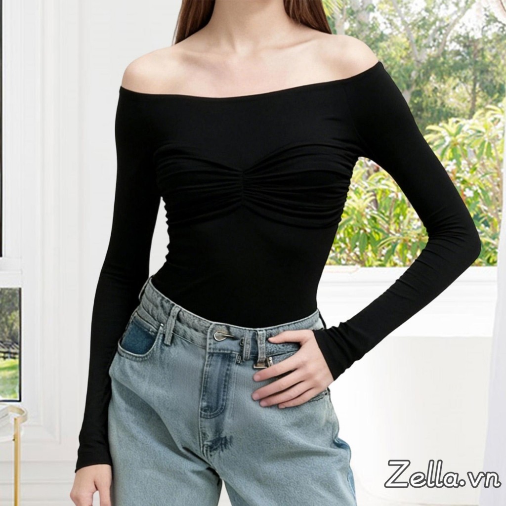 Áo thun nữ xếp nếp Ngực Slim Fit Off Vai Áo dài tay quây