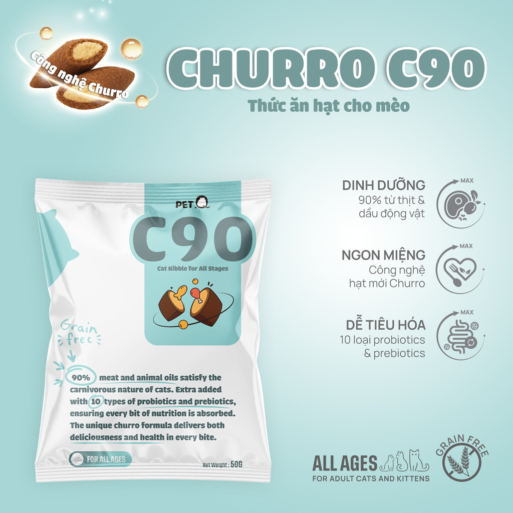 Hạt cho mèo PetQ, Hạt cho mèo có nhân Churro C90 90% từ thịt & dầu động vật, Dinh dưỡng, dễ tiêu hóa