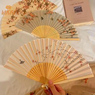 [WUSISI] Quạt Gấp Tay Di Động Phong Cách Trung Hoa Mới Đạo Cụ Khiêu Vũ Retro Quạt Nam Nữ Gỗ Tre Lụa Hoa Gấp Quạt MỚI