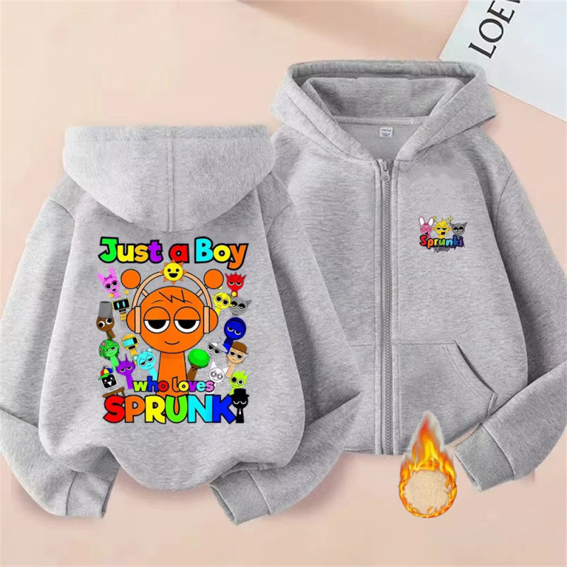 SPRUNKI Anime Nhân Vật Hoạt Hình In Hình Trẻ Em Lông Cừu Lót Zip-Up Áo Khoác Dài Tay Áo Khoác Ngoài
