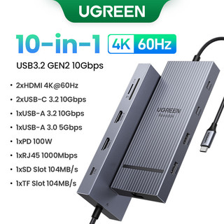 UGREEN Đế cắm USB C 10 trong 1 màn hình kép 4K, Hub USB C với 2 HDMI, cổng USB A&C 3.2, sạc PD 100W