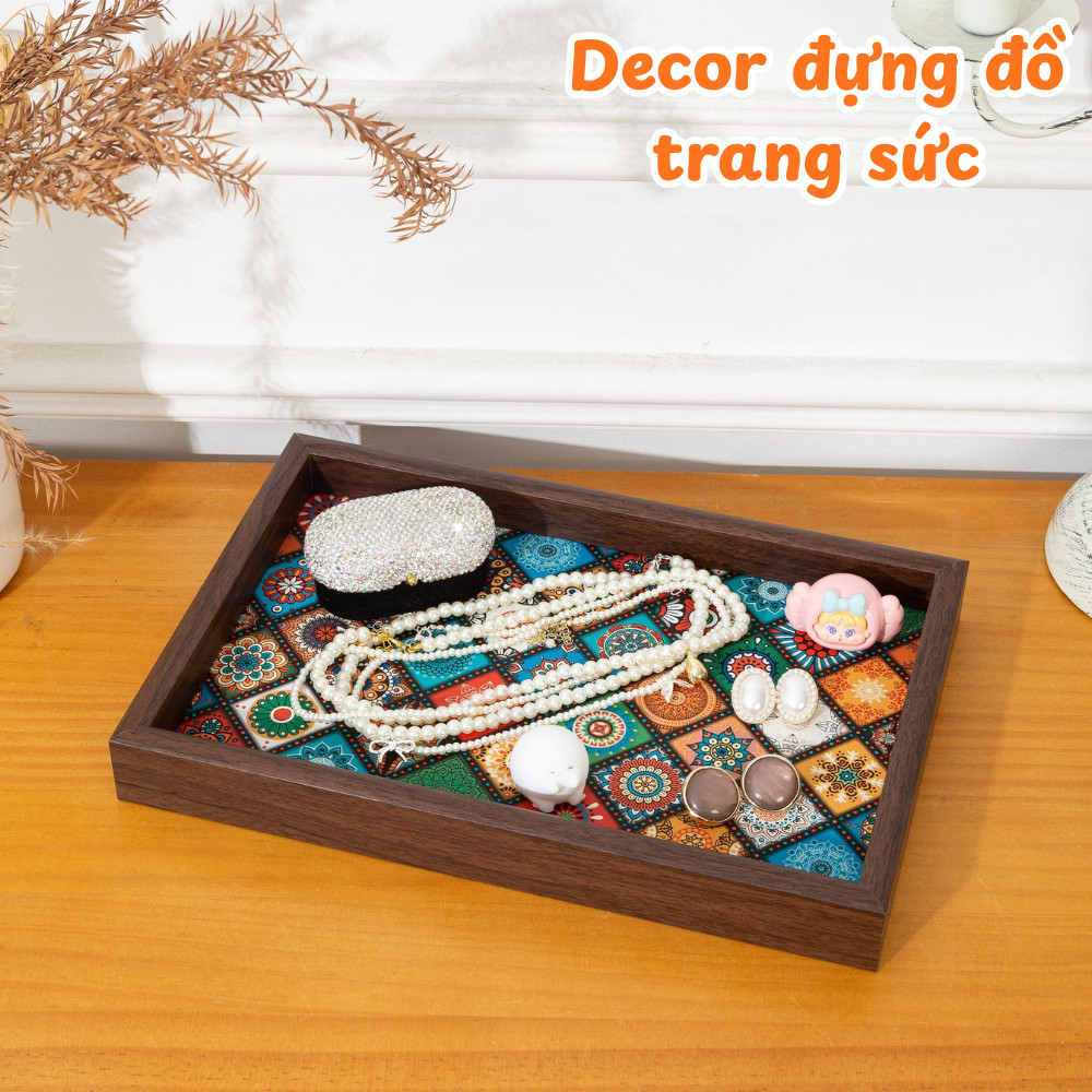 Khay Trà Gỗ Họa Tiết Mosaic Phong Cách Bohemian, Khay Đựng Ly Cốc Sang Trọng Decor Nhà Cửa Tiện Lợi