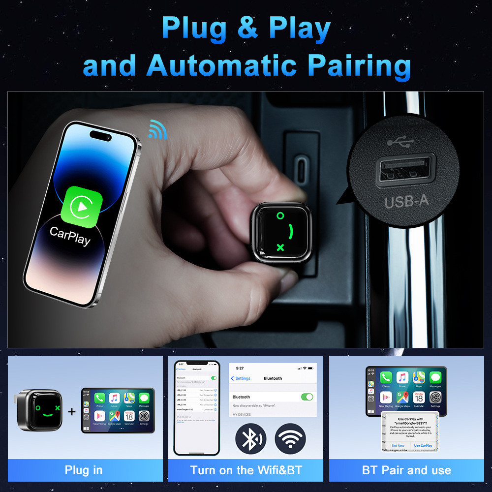 USB Hỗ Trợ Chuyển Đổi Kết Nối Apple Carplay,  Tương thích đa dạng xe,  Android Auto Không Dây Cho Ô Tô Xe Hơi