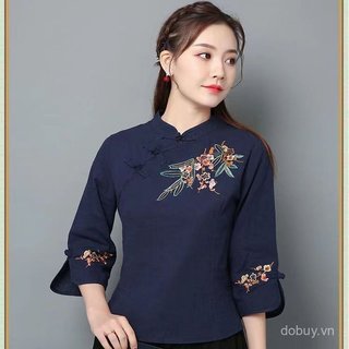 Áo sơ mi cổ đứng phong cách dân tộc Trung Quốc cổ điển, thêu tay, chất liệu vải lanh cotton
