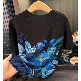 Miyake Áo Thun Xếp Ly Cao Cấp, Cổ Tròn In Hình, Phù Hợp Mọi Dịp