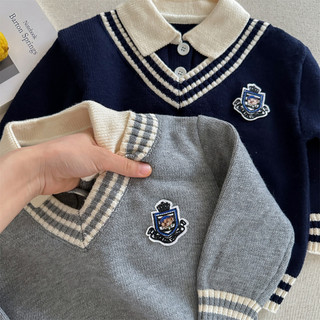 Áo len cổ polo trẻ em thêu áo hai mảnh giả