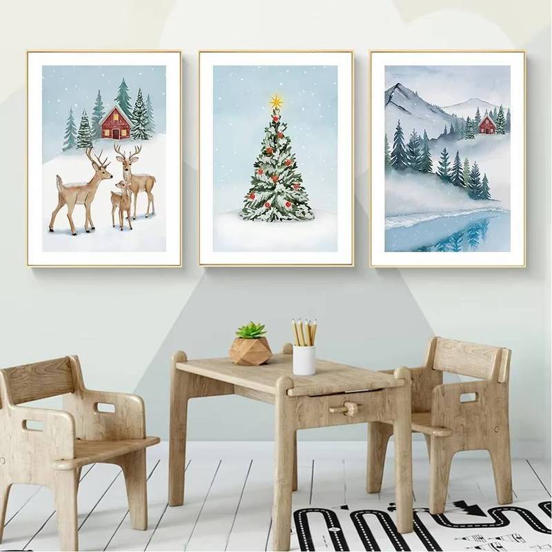 Cây Giáng Sinh Hươu Người Tuyết Tuyết Núi Sông Mùa Đông Tường Nghệ Thuật Tranh Canvas Áp Phích Và In Hình Treo Tường Hình Ảnh Trẻ Em Trang Trí Phòng