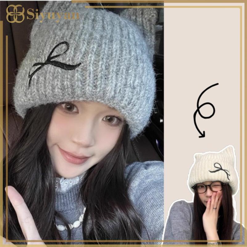 Mũ beanie tai siyuyan dệt kim ngọt ngào, họa tiết thêu - bảo vệ gió lạnh mùa thu đông cho phụ nữ Việt Nam