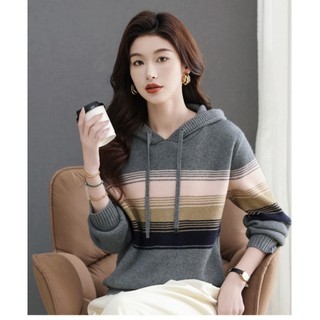 Áo len sọc có mũ trùm đầu nữ, tay dài mỏng, phù hợp thu đông