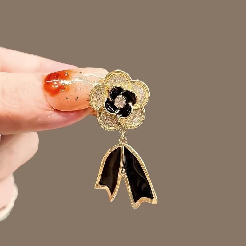 Mới Camellia Đen Ruy Băng Thổ Cẩm Sang Trọng, Phụ Kiện Xòe Phù Hợp Với Áo Len