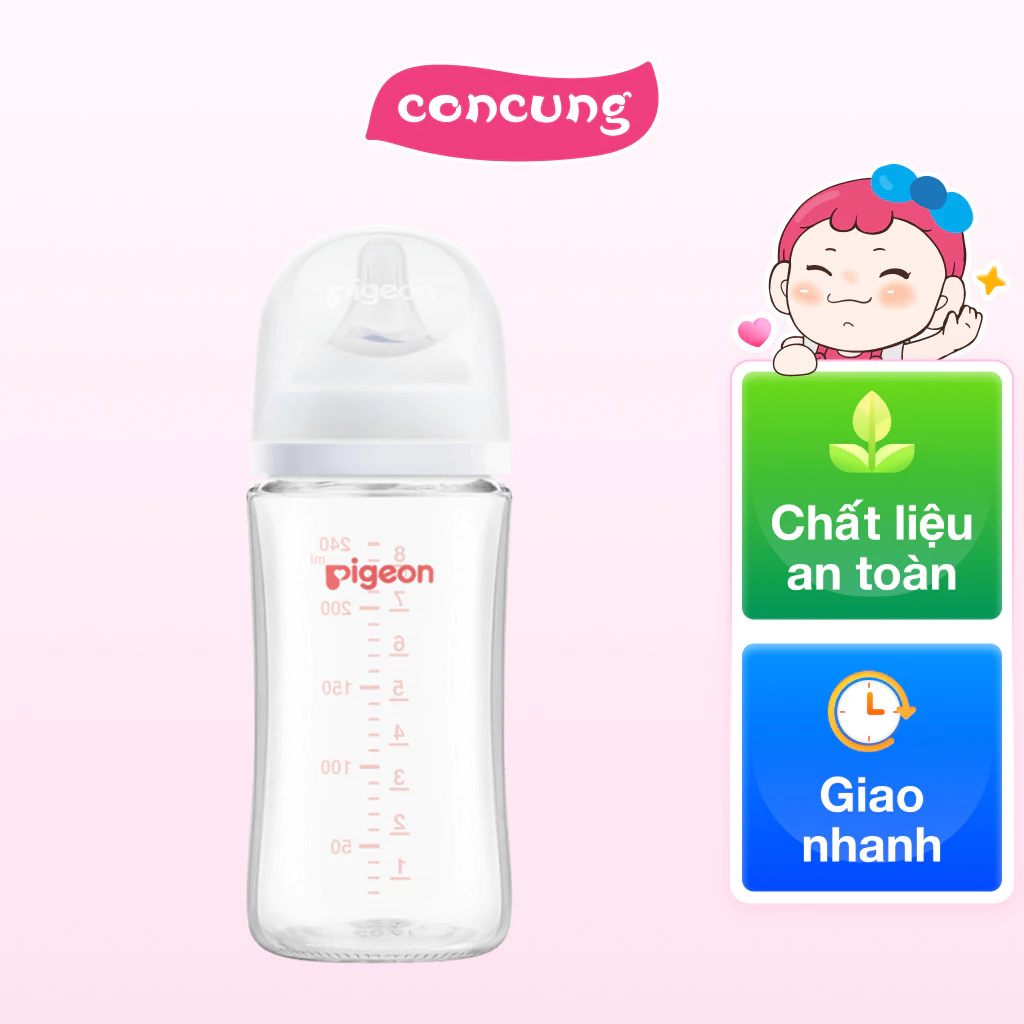 Bình sữa Pigeon thủy tinh chống đầy hơi cổ rộng 240ml, núm ti siêu mềm chống sặc cho bé từ 3-6 tháng
