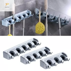 Space Saving Bathroom Storage Shelves Wall Mounted Broom Mops Holder with Hooks