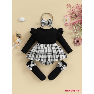 MG-Baby Girl Fall Trang Phục Dài Tay Kẻ Sọc In Váy Body Có Băng Đô Tất Bộ Quần Áo Trẻ Sơ Sinh