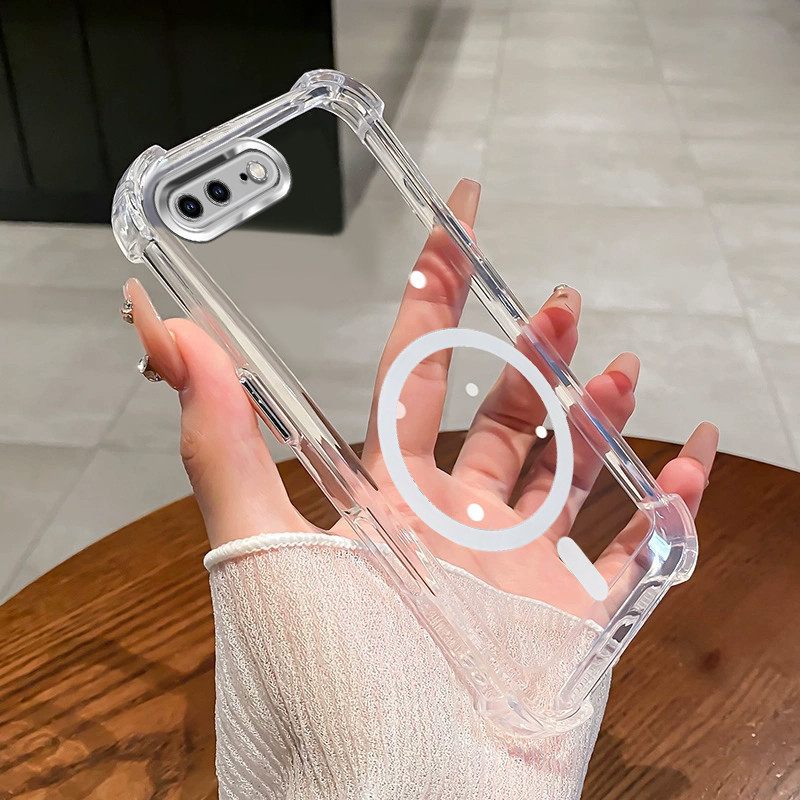 Ốp Lưng Cho iPhone 6 6s 7 8 Plus Từ Tính Không Dây Trong Suốt Bốn Góc Chống Sốc Bảo Vệ Ống Kính Vỏ Điện Thoại SJSFDDR