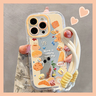 Vỏ gương bánh quy hoạt hình dễ thương + Dây chuyền cho IPhone 16 11 15 14 13 12 Pro Max X Xr Xs Max 7 8 Plus Vỏ điện thoại bảo vệ ống kính chống sốc mềm Vỏ màu đen