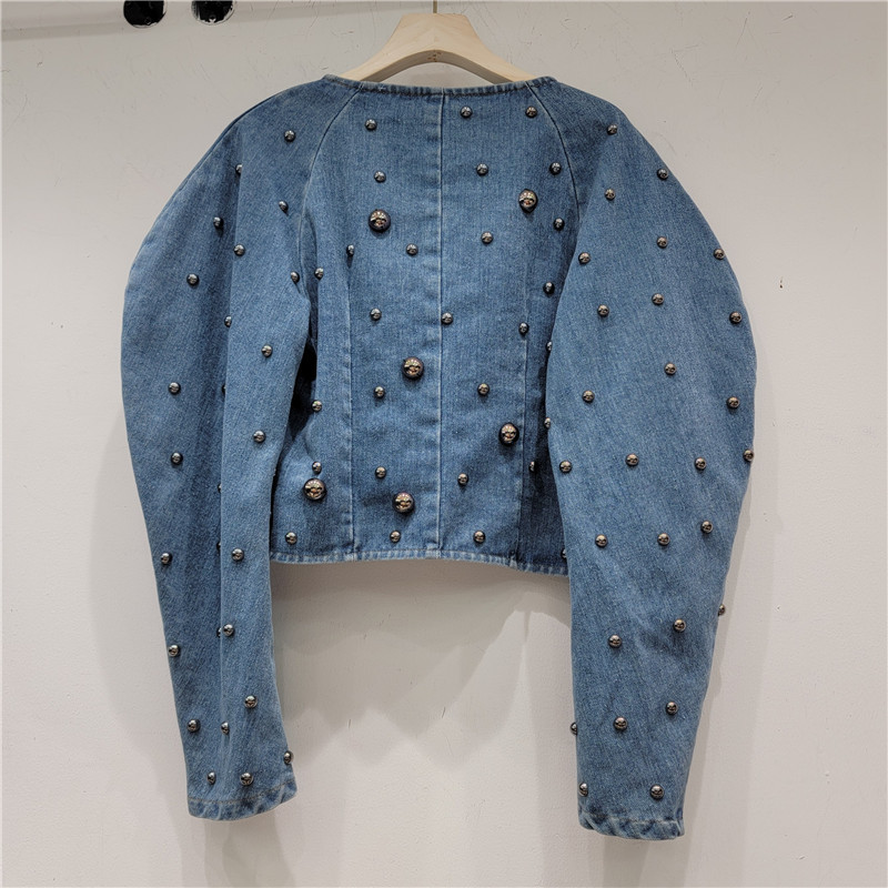 Top nữ denim tay ngắn phong cách Hàn Quốc, móng tay tròn đinh tán puff