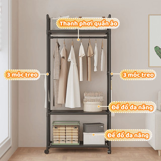 Kệ Treo Quần Áo Tích Hợp Để Đồ Đa Năng MAISON Bánh Xe Xoay 360, Giá Phơi Quần Áo Bằng Thép Không Gỉ