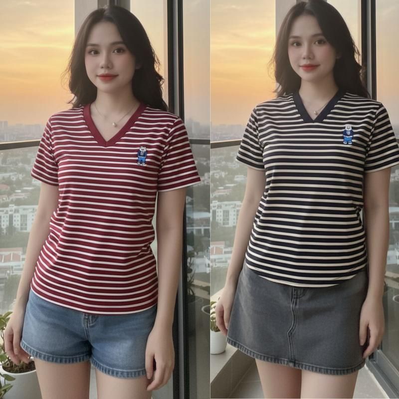 Áo Thun Nữ Cổ Tim Bigsize ESHOP Áo Tay Ngắn Kẻ Sọc Đẹp Chất Thun Cotton Mềm Mịn Dễ Thương  MS496
