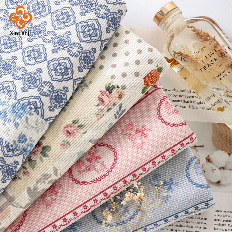 Vải nhung họa tiết hoa màu xanh hồng, ấm áp, phù hợp DIY may quần áo và trang trí nội thất - 0,5 Yard