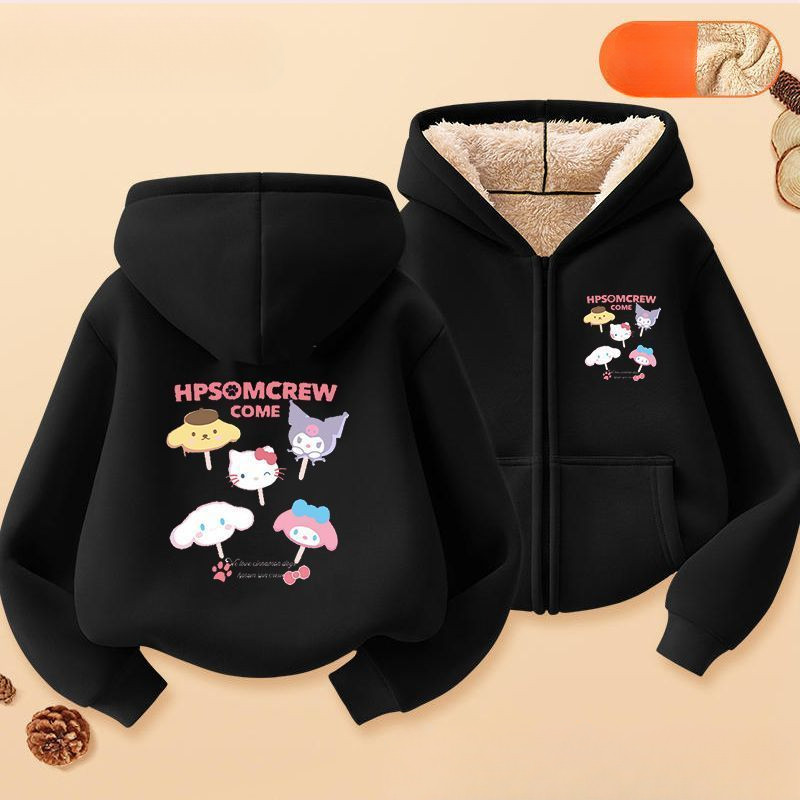 Áo Hoodie có khóa kéo dành cho trẻ em Kuromi 2025 Sanrio Thiết kế nhân vật Áo chui đầu mùa đông cho bé gái