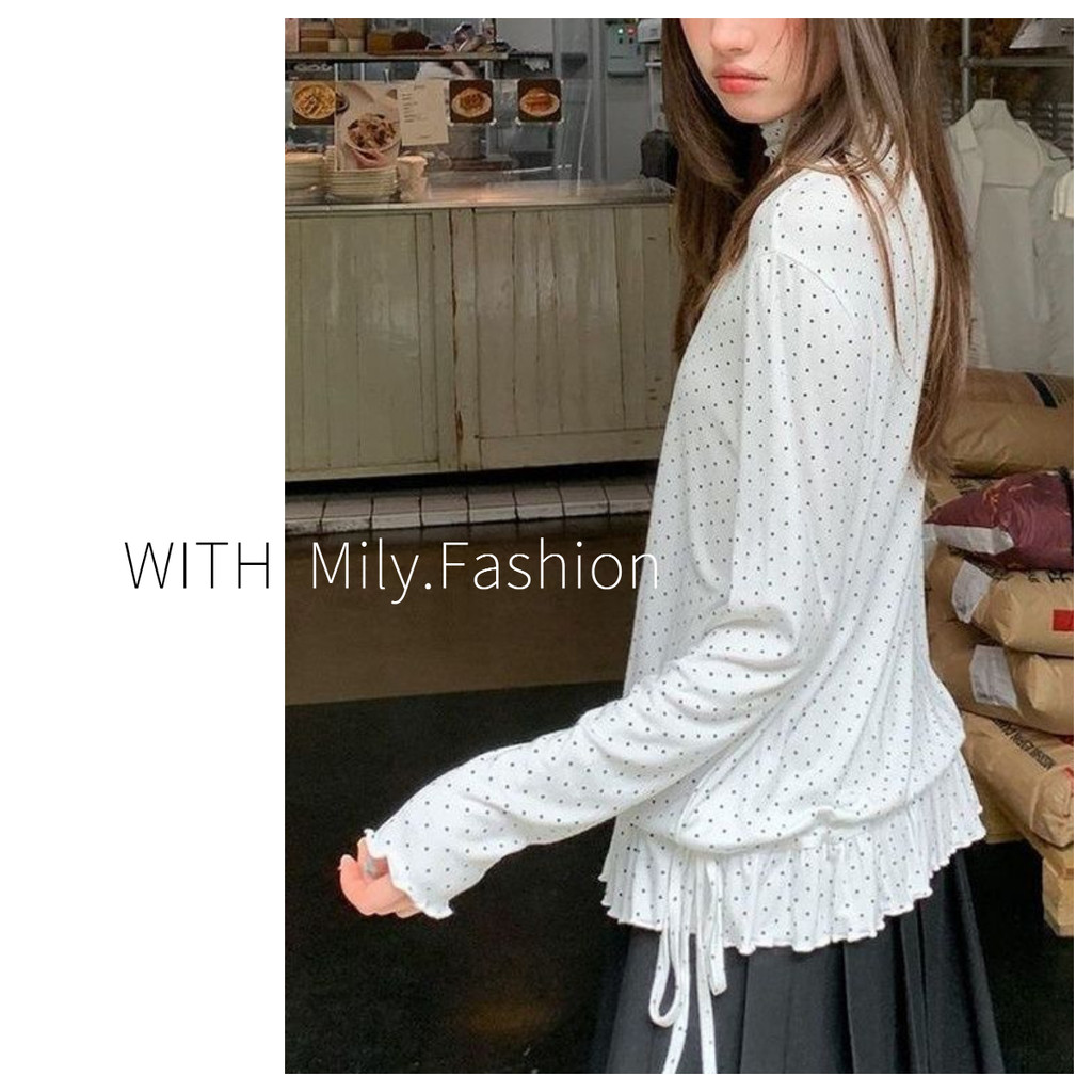 Milyfashion Áo Blouse Ren Cổ Cao Chấm Bi Tay Dài, Thiết Kế Ôm Vừa Vặn Phù Hợp