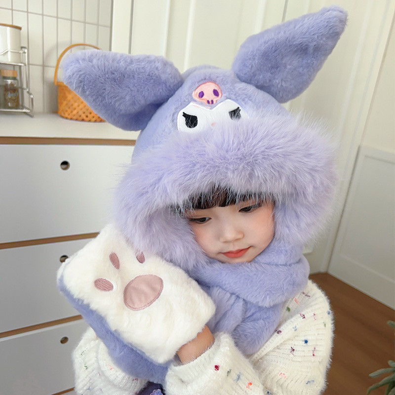 Mũ len lông cừu cho bé, mũ chùm đầu giữ ấm 3in1 kèm khăn quàng cổ và găng tay hoạ tiết kuromi, melody