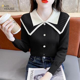 PlumHOUSE Áo Len Dệt Kim Mỏng Cổ Búp Bê Màu Sắc Tương Phản Cho Nữ