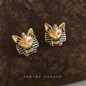 Ban Đầu Phong Cách Trung Cổ Ai Cập Đầu Mèo Pharaoh Bạc 925 Mạ Kim 14K Men Nhỏ Giọt Men Sơn Bông Tai Nhà Máy Bông Tai Nữ