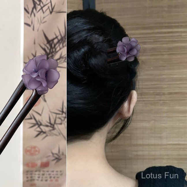 Kẹp tóc hình chữ U bằng gỗ đàn hương xanh tự nhiên, màu iris tím 13cm, phong cách văn học cổ điển Trung Hoa