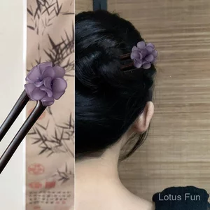 Kẹp tóc hình chữ U bằng gỗ đàn hương xanh tự nhiên, màu iris tím 13cm, phong cách văn học cổ điển Trung Hoa
