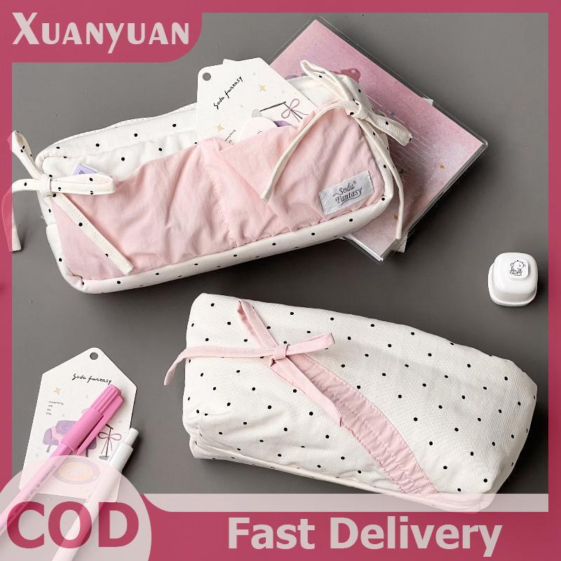 XUAN Dễ Thương Chấm Bi Nơ Hộp Đựng Bút Chì Màu Trắng Với Màu Hồng Phụ Kiện Dung Tích Lớn Dây Kéo Túi Đựng Bút Chì Học Sinh Văn Phòng Phẩm Đồ Dùng Học Tập VN