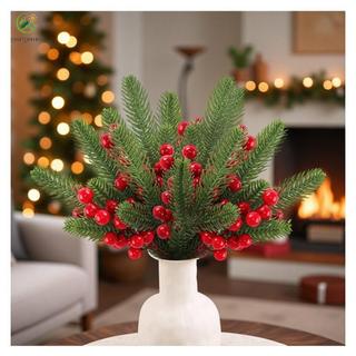 ⭐GROUS⭐Artificial Christmas Pine Branch with Red Berries and Green Stem for Holiday Use