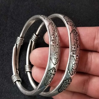 Vòng tay bạc vintage phong cách dân tộc, may mắn và trường thọ - Sản phẩm thủ công