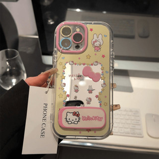 Vỏ Gương Cặp Đôi Hoạt Hình Mèo Kitty + Dây Xích + Giá Đỡ Cho IPhone 16 11 15 14 13 12 Pro Max X Xr Xs Max 7 8 Plus Vỏ Điện Thoại Bảo Vệ Ống Kính Chống Sốc Mềm Vỏ Đen